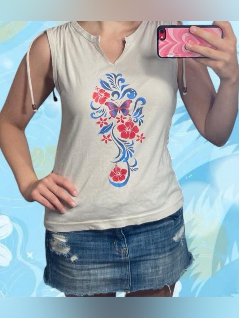Roxy cream sleeveless top, cinched shoulder, with beaded strings.